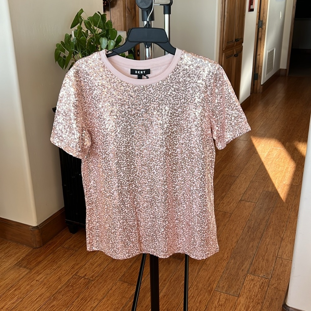 DKNY Womens Blush Pink Sequined Top